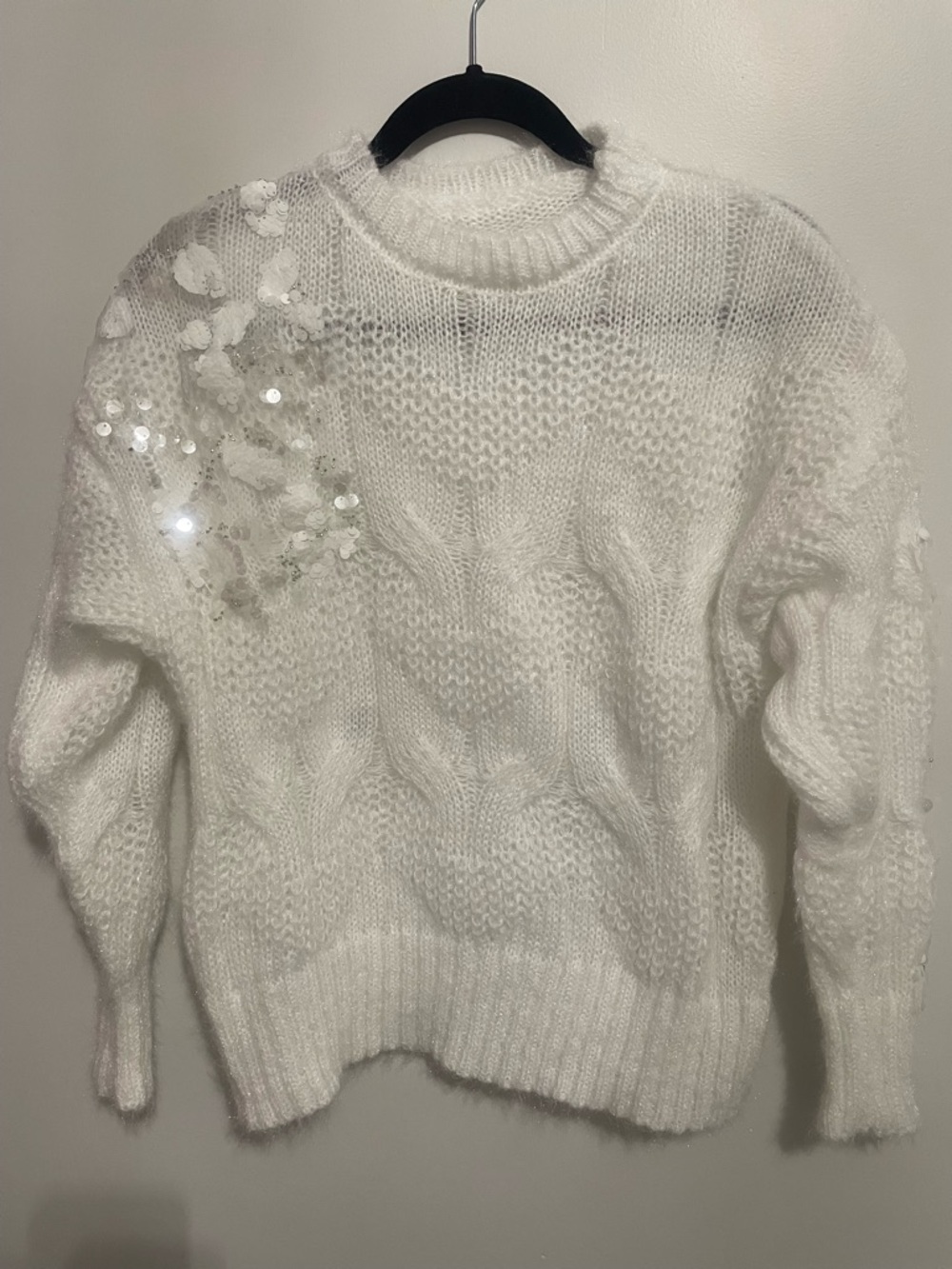 White Beaded Cable Sweater
